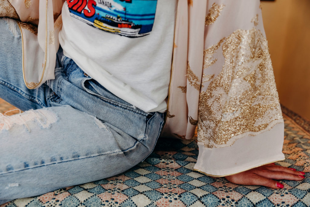 Our Giorgio D'Sant Angelo lamé kimono with Charlie Dog Vintage's 1970s Niagra Falls tee, 1990's Gap Jeans, and vintage Frye boots