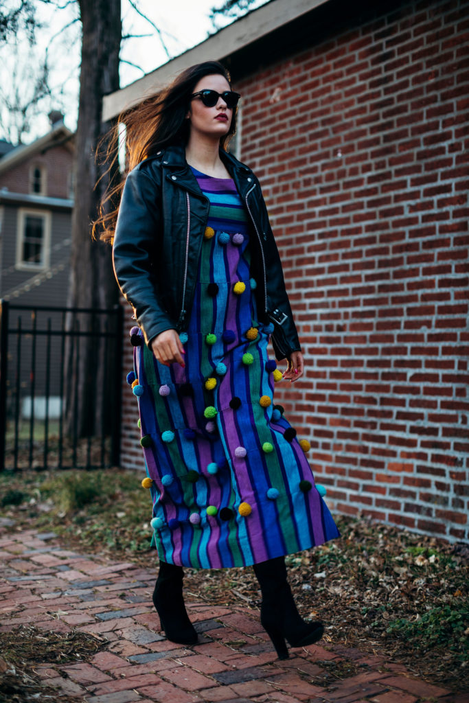 Really, this needs no explanation... BUT. The classic leather moto jacket over the coolest pom-pom cotton dress. What's not to love?