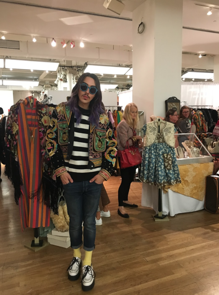 Up & coming NYC musician Atarah Valentine in our Thai embroidered jacket at Manhattan Vintage October 2018.