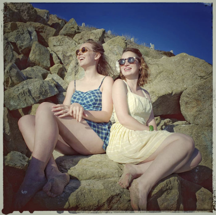 Maurie & Roxanne in their Summertime Best! Authentic pinup bathing suits from us.