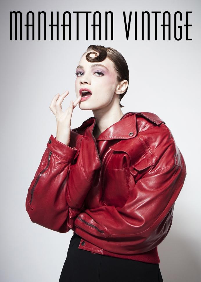 Manhattan Vintage Fall 2019 Postcard featuring a red leather Claude Montana jacket.